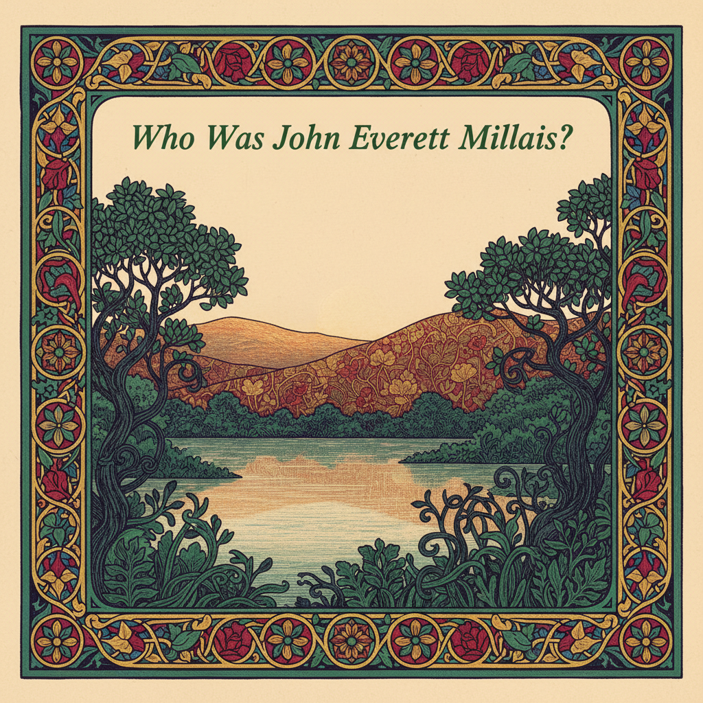 William Morris-style decorative title card lettered with the heading 'Who Was John Everett Millais?', set within an ornate botanical border.