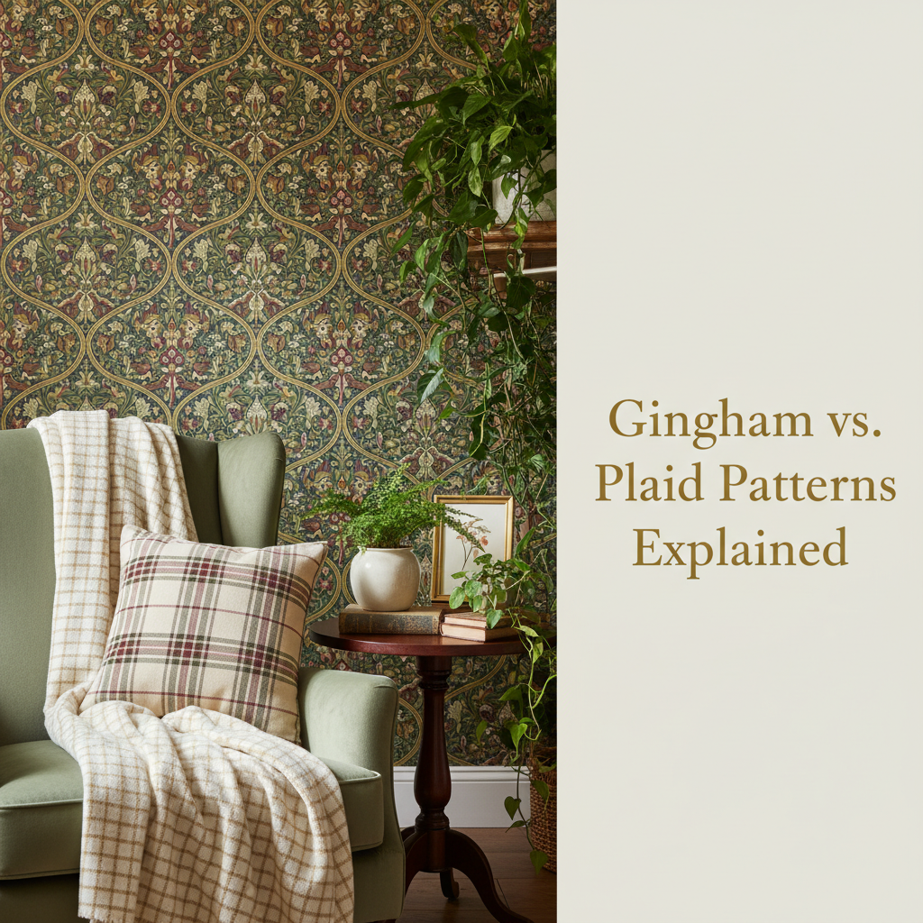 Decorative William Morris-style title card for the article “Gingham Vs Plaid Patterns Explained”, with the heading lettered inside an ornate botanical border.