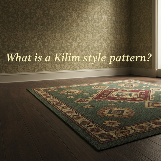Decorative William Morris-style title card for the article “What Is A Kilim-Style Pattern?”, with the heading lettered inside an ornate botanical border.
