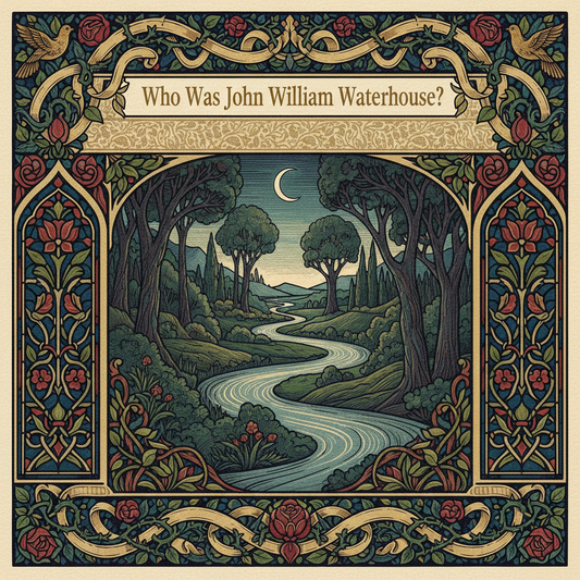 William Morris-style decorative title card lettered with the heading 'Who Was John William Waterhouse?', set within an ornate botanical border.