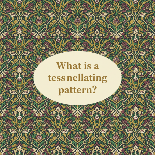 Decorative William Morris-style title card for the article “What Is A Tessellating Pattern?”, with the heading lettered inside an ornate botanical border.
