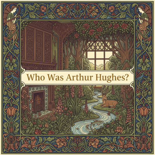 William Morris-style decorative title card lettered with the heading 'Who Was Arthur Hughes?', set within an ornate botanical border.