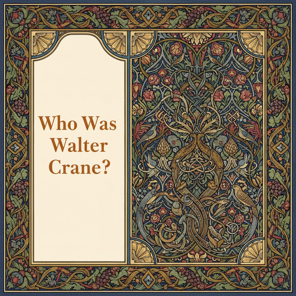 William Morris-style decorative title card lettered with the heading 'Who Was Walter Crane?', set within an ornate botanical border.