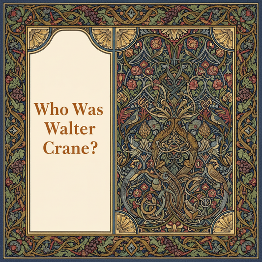 William Morris-style decorative title card lettered with the heading 'Who Was Walter Crane?', set within an ornate botanical border.