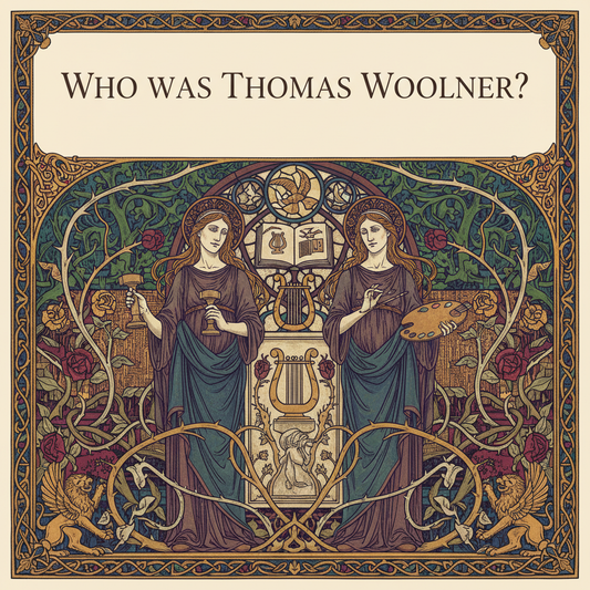 William Morris-style decorative title card lettered with the heading 'Who Was Thomas Woolner?', set within an ornate botanical border.