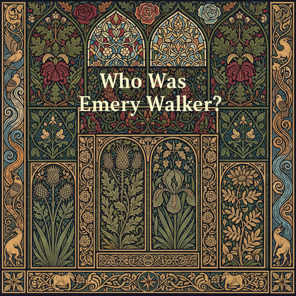 William Morris-style decorative title card lettered with the heading 'Who Was Emery Walker?', set within an ornate botanical border.