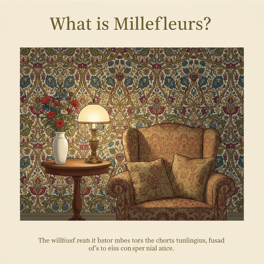 Decorative William Morris-style title card for the article “What Is Millefleurs?”, with the heading lettered inside an ornate botanical border.