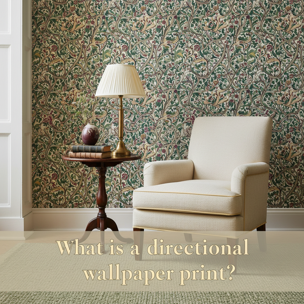 Decorative William Morris-style title card for the article “What Is A Directional Wallpaper Print?”, with the heading lettered inside an ornate botanical border.