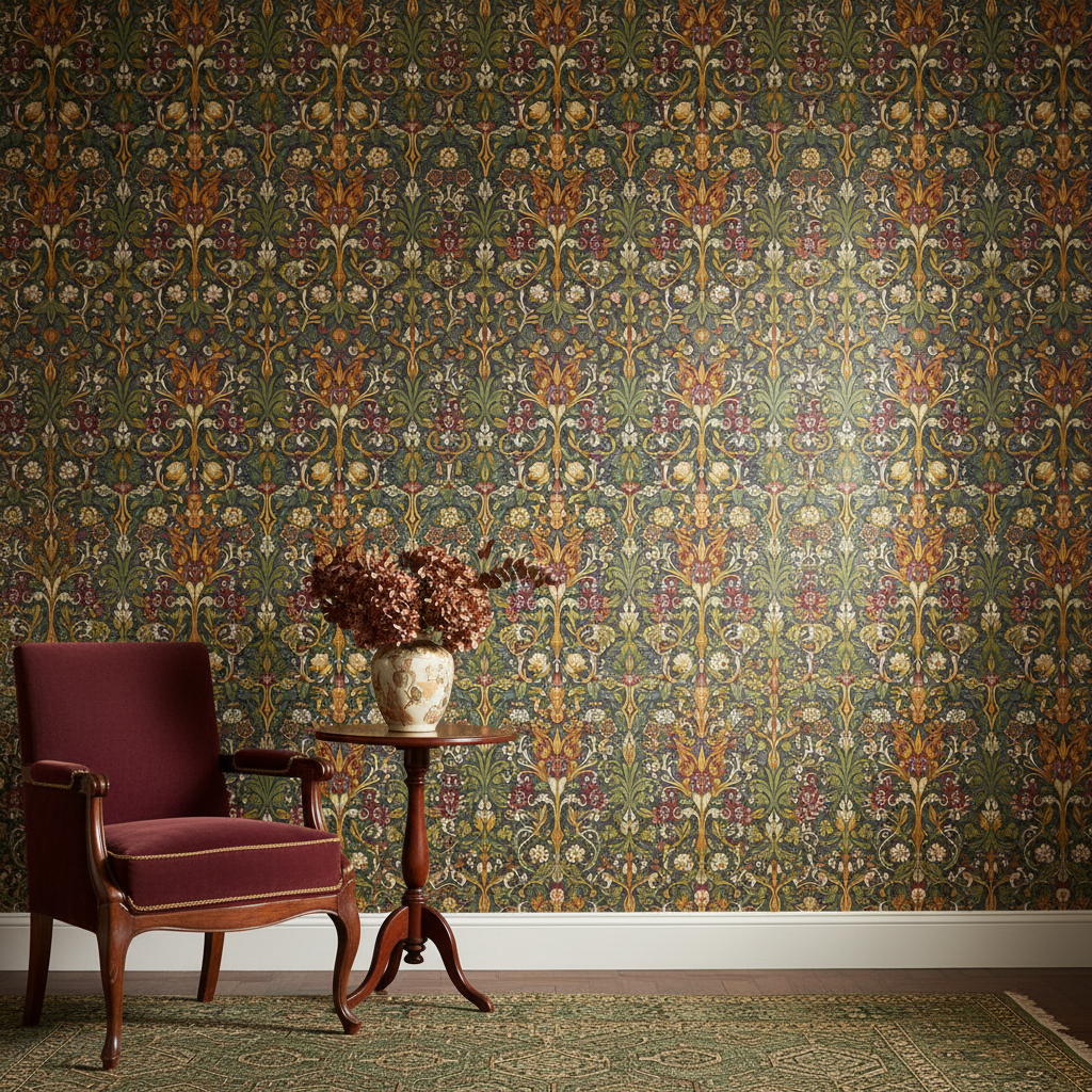 Decorative William Morris-style title card for the article “What Is A Straight Block Repeat In Wallpaper?”, with the heading lettered inside an ornate botanical border.