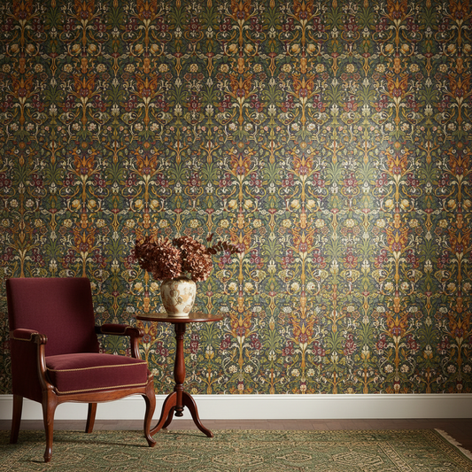 Decorative William Morris-style title card for the article “What Is A Straight Block Repeat In Wallpaper?”, with the heading lettered inside an ornate botanical border.