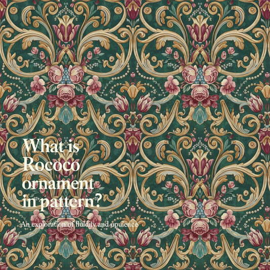 Decorative William Morris-style title card for the article “What Is Rococo Ornament In Pattern?”, with the heading lettered inside an ornate botanical border.