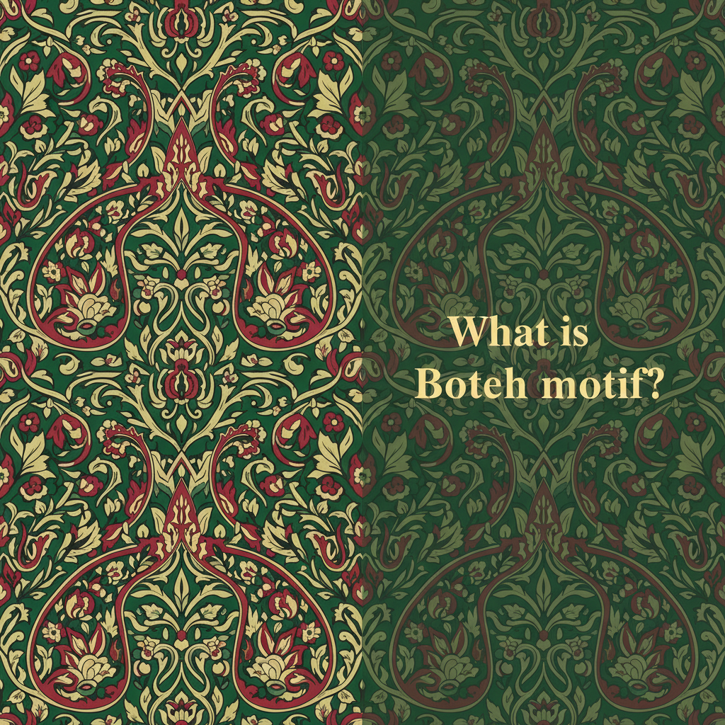 Decorative William Morris-style title card for the article “What Is A Boteh Motif?”, with the heading lettered inside an ornate botanical border.