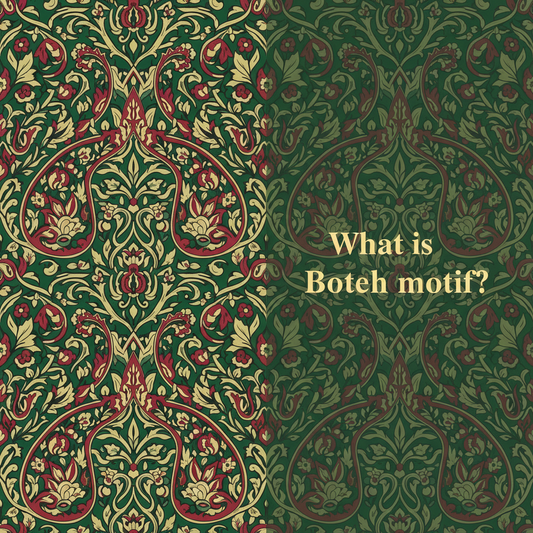 Decorative William Morris-style title card for the article “What Is A Boteh Motif?”, with the heading lettered inside an ornate botanical border.