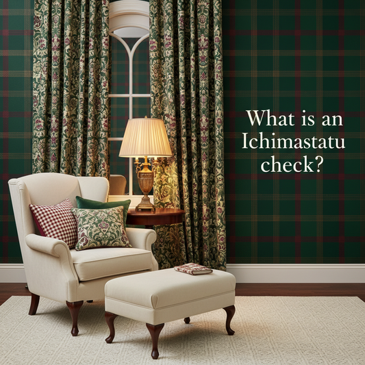 Decorative William Morris-style title card for the article “What Is An Ichimatsu Check?”, with the heading lettered inside an ornate botanical border.