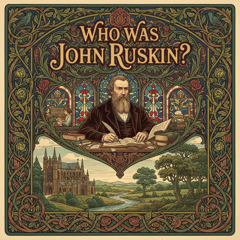 William Morris-style decorative title card lettered with the heading 'Who Was John Ruskin?', set within an ornate botanical border.