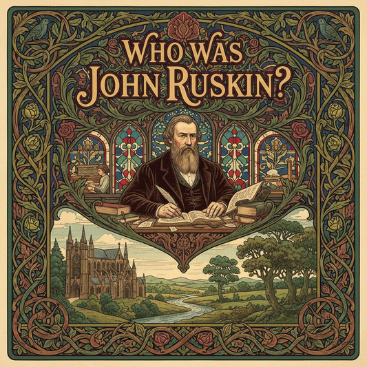 William Morris-style decorative title card lettered with the heading 'Who Was John Ruskin?', set within an ornate botanical border.