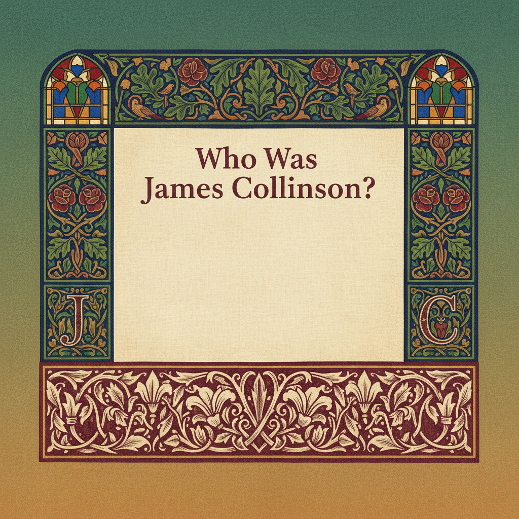 William Morris-style decorative title card lettered with the heading 'Who Was James Collinson?', set within an ornate botanical border.