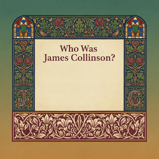 William Morris-style decorative title card lettered with the heading 'Who Was James Collinson?', set within an ornate botanical border.