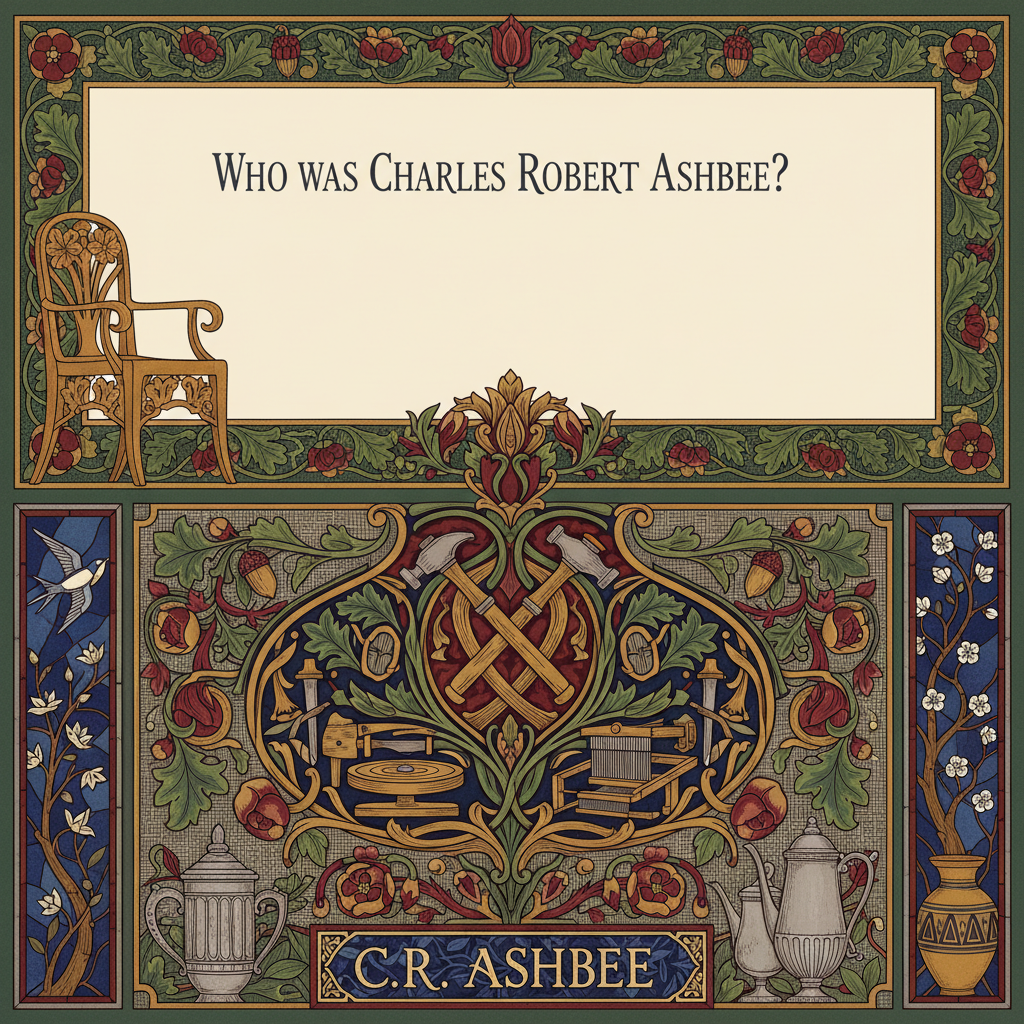 William Morris-style decorative title card lettered with the heading 'Who Was Charles Robert Ashbee?', set within an ornate botanical border.