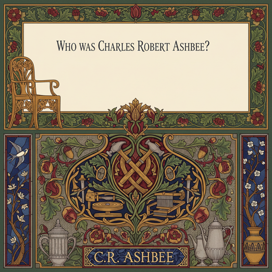 William Morris-style decorative title card lettered with the heading 'Who Was Charles Robert Ashbee?', set within an ornate botanical border.