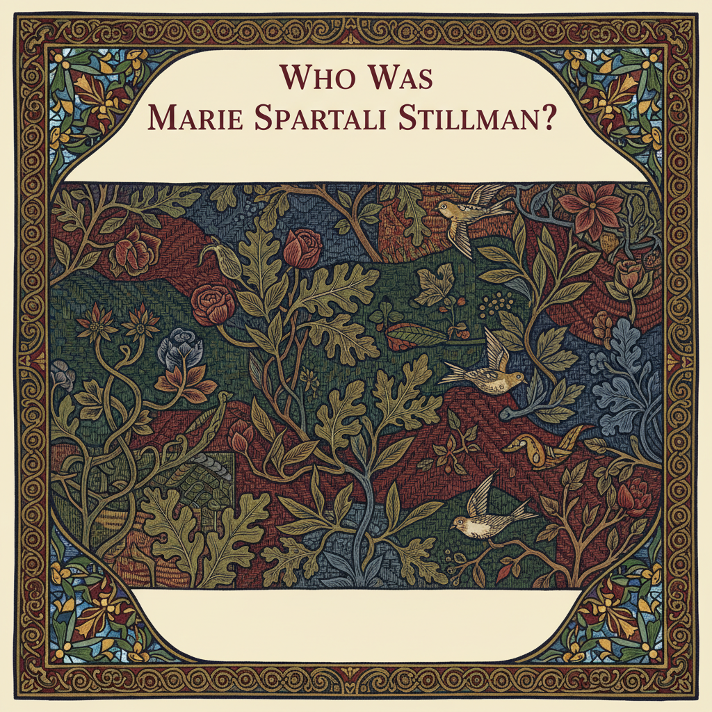William Morris-style decorative title card lettered with the heading 'Who Was Marie Spartali Stillman?', set within an ornate botanical border.