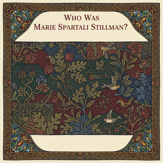 William Morris-style decorative title card lettered with the heading 'Who Was Marie Spartali Stillman?', set within an ornate botanical border.