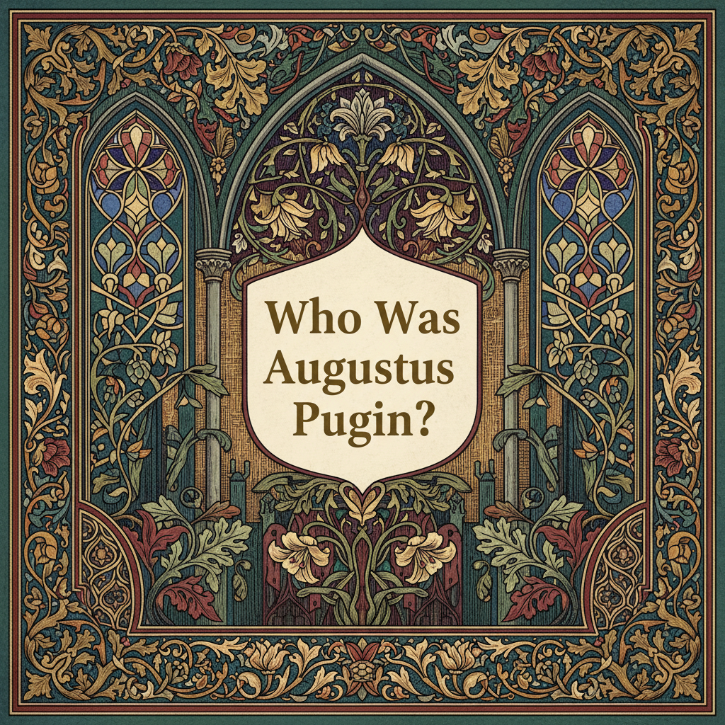 William Morris-style decorative title card lettered with the heading 'Who Was Augustus Pugin?', set within an ornate botanical border.