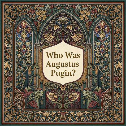 William Morris-style decorative title card lettered with the heading 'Who Was Augustus Pugin?', set within an ornate botanical border.