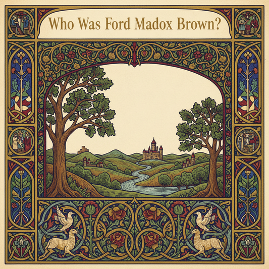 William Morris-style decorative title card lettered with the heading 'Who Was Ford Madox Brown?', set within an ornate botanical border.