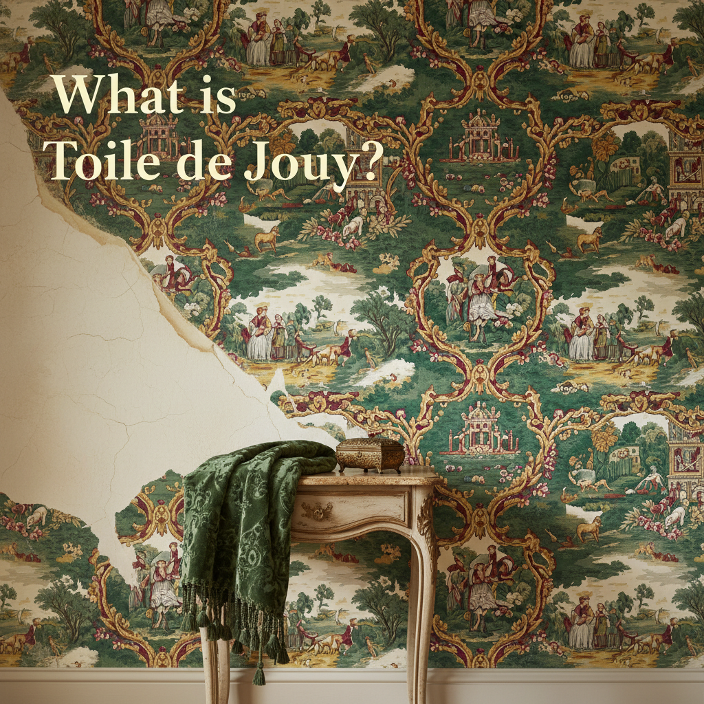 Decorative William Morris-style title card for the article “What Is Toile De Jouy?”, with the heading lettered inside an ornate botanical border.