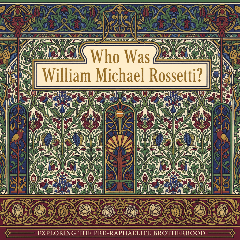 William Morris-style decorative title card lettered with the heading 'Who Was William Michael Rossetti?', set within an ornate botanical border.