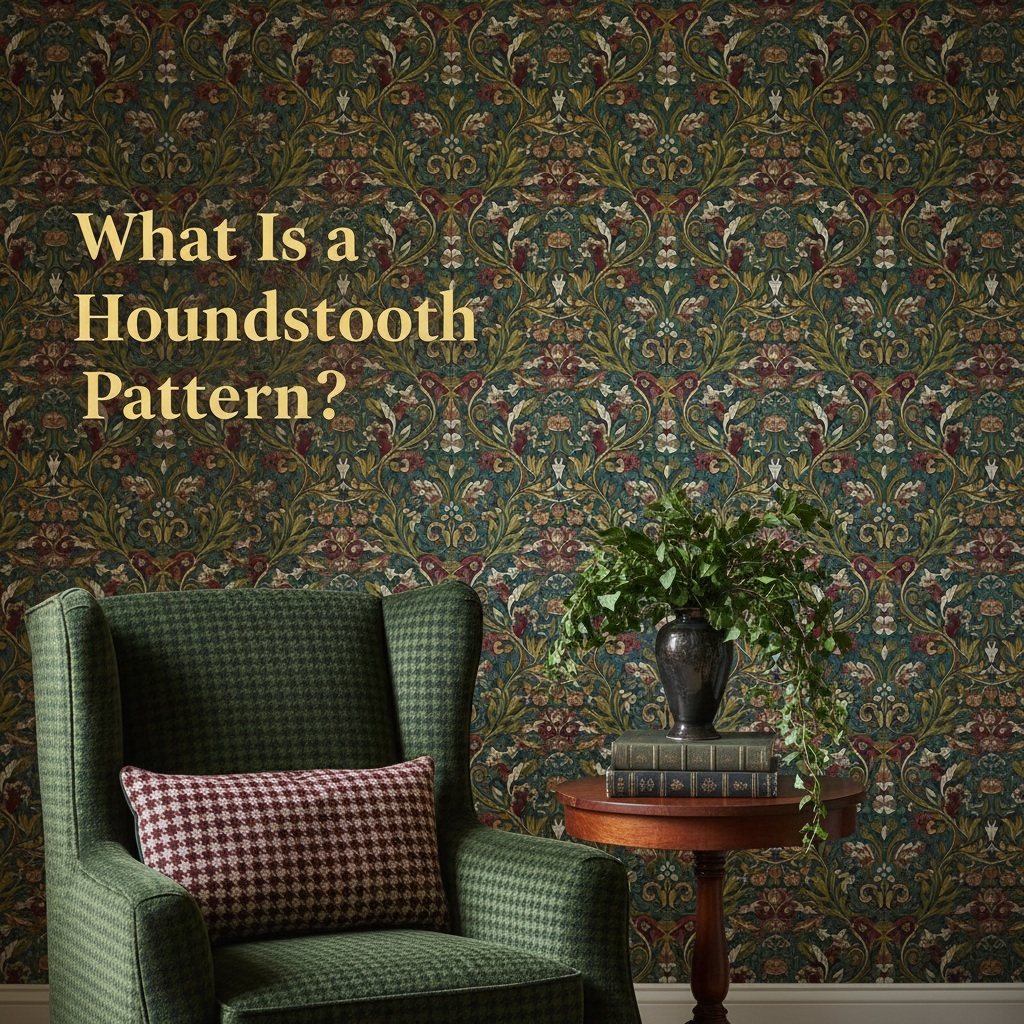 Decorative William Morris-style title card for the article “What Is A Houndstooth Pattern?”, with the heading lettered inside an ornate botanical border.