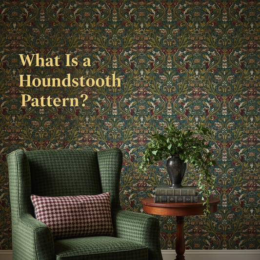 Decorative William Morris-style title card for the article “What Is A Houndstooth Pattern?”, with the heading lettered inside an ornate botanical border.