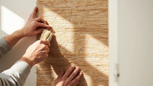 Hands brushing a strip of natural grasscloth wallpaper smooth on a wall