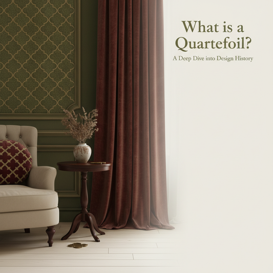 Decorative William Morris-style title card for the article “What Is A Quatrefoil?”, with the heading lettered inside an ornate botanical border.