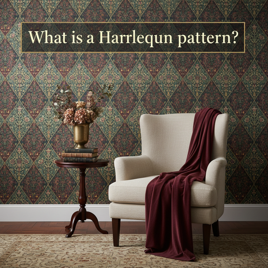 Decorative William Morris-style title card for the article “What Is A Harlequin Pattern?”, with the heading lettered inside an ornate botanical border.