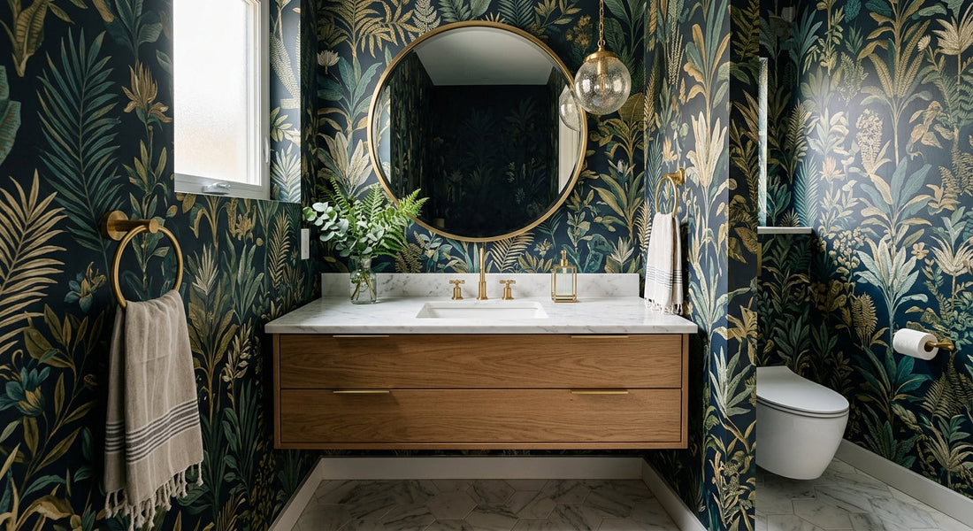 Powder room with vinyl-coated patterned wallpaper above a sink and mirror