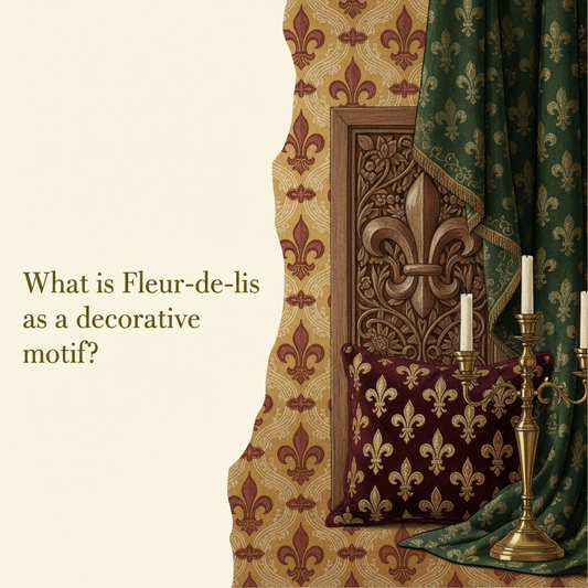 Decorative William Morris-style title card for the article “What Is Fleur-de-Lis As A Decorative Motif?”, with the heading lettered inside an ornate botanical border.
