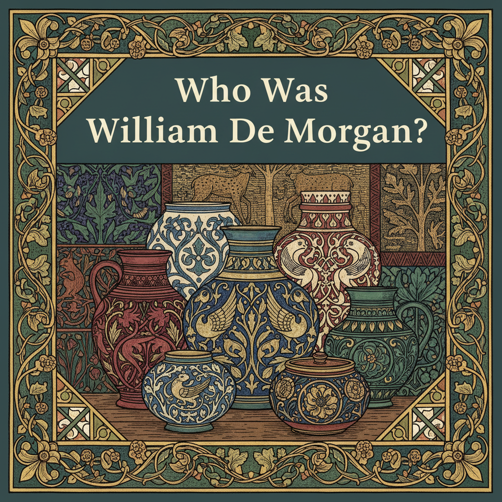 William De Morgan ceramic tile in lustreware glaze showing stylized birds and fish on a turquoise ground