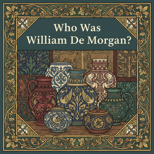William Morris-style decorative title card lettered with the heading 'Who Was William De Morgan?', set within an ornate botanical border.