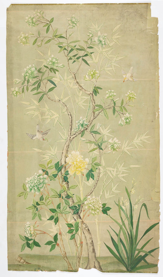 Hand-painted chinoiserie wallpaper panel showing pink and white peonies, branches, and exotic birds on a soft green ground