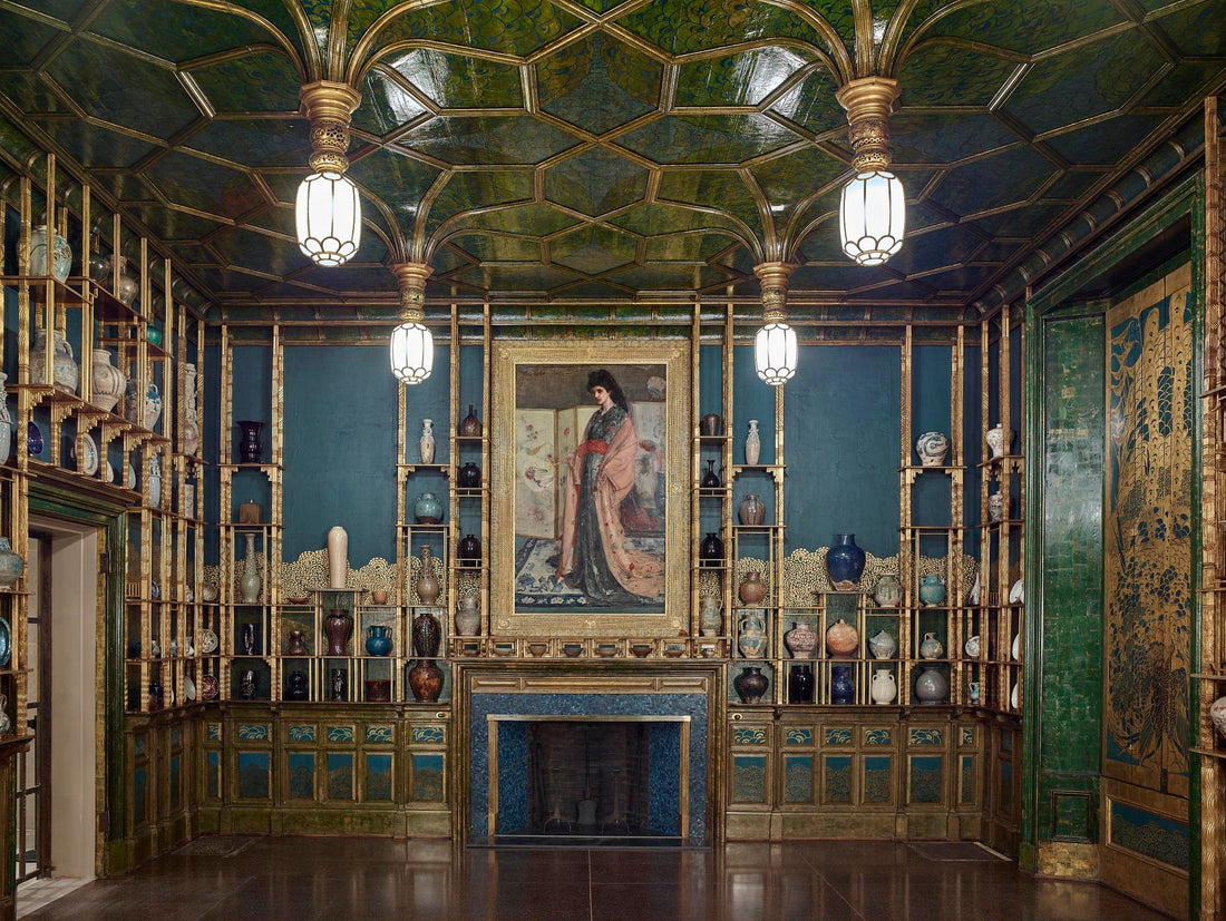 Whistler's Peacock Room at the Freer Gallery of Art, a dining room painted in blue and gold with gilded shelving for blue-and-white porcelain, 1876 to 1877