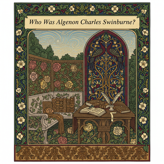 William Morris-style decorative title card lettered with the heading 'Who Was Algernon Charles Swinburne?', set within an ornate botanical border.
