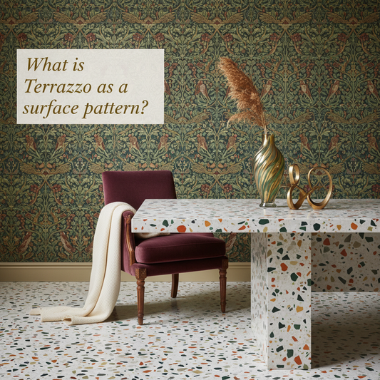 Decorative William Morris-style title card for the article “What Is Terrazzo As A Surface Pattern?”, with the heading lettered inside an ornate botanical border.