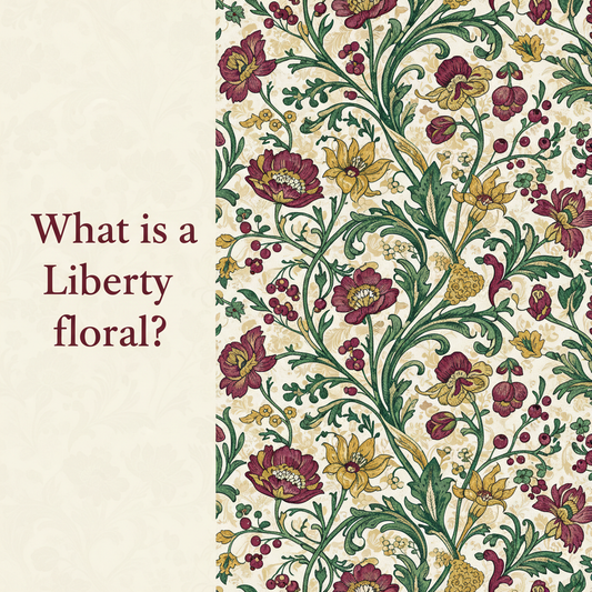 Decorative William Morris-style title card for the article “What Is A Liberty Floral?”, with the heading lettered inside an ornate botanical border.