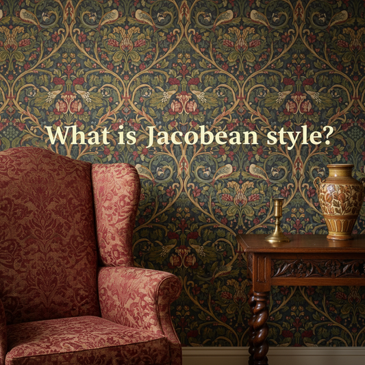 Decorative William Morris-style title card for the article “What Is Jacobean Style?”, with the heading lettered inside an ornate botanical border.