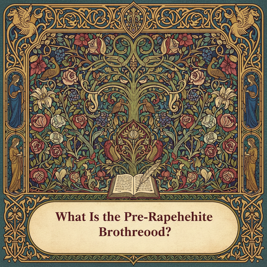 Decorative William Morris-style title card for the article “What Is The Pre-Raphaelite Brotherhood?”, with the heading lettered inside an ornate botanical border.
