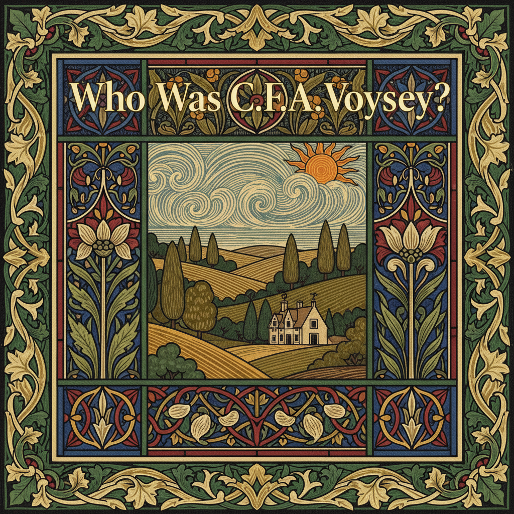 William Morris-style decorative title card lettered with the heading 'Who Was C.F.A. Voysey?', set within an ornate botanical border.