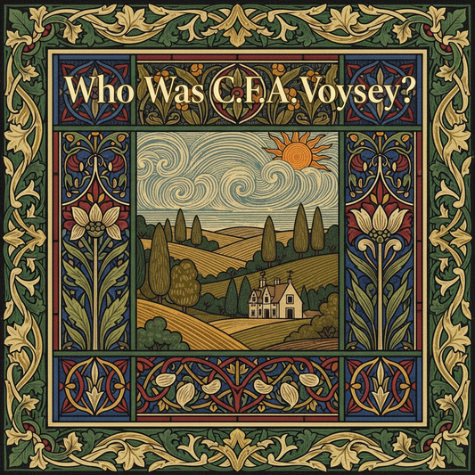 William Morris-style decorative title card lettered with the heading 'Who Was C.F.A. Voysey?', set within an ornate botanical border.