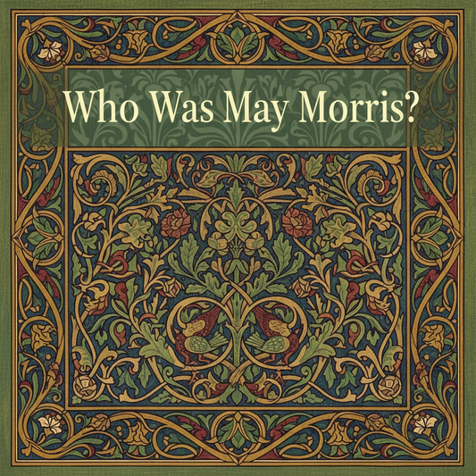 William Morris-style decorative title card lettered with the heading 'Who Was May Morris?', set within an ornate botanical border.